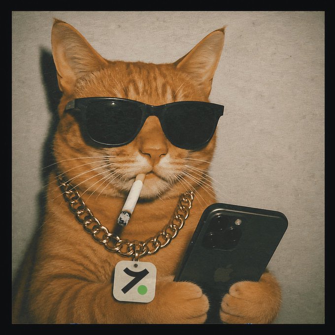 An orange cat wearing sunglasses and a gold chain, smoking a cigarette and holding an iPhone, with a tag bearing a '7' symbol.