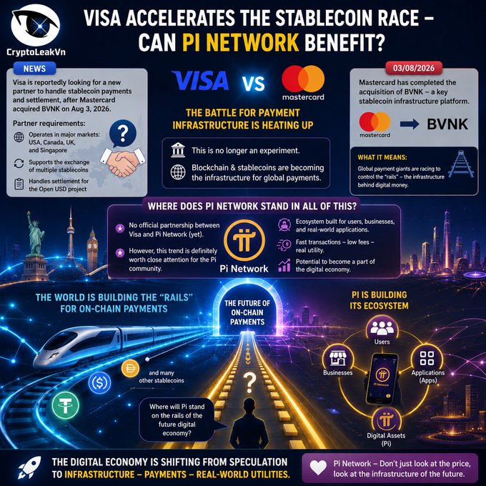 An infographic titled 'VISA ACCELERATES THE STABLECOIN RACE – CAN PI NETWORK BENEFIT?' discusses Visa's search for a stablecoin partner following Mastercard's acquisition of BVNK, and Pi Network's potential position in the digital payment infrastructure.