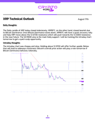 A CryptoWZRD XRP Technical Outlook report dated August 17th, providing daily thoughts on XRP closing indecisively and intraday thoughts on choppy trading conditions with a price chart.