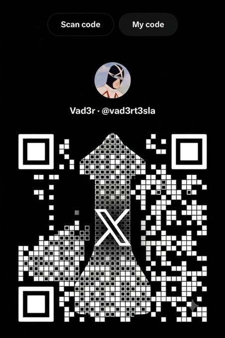 An X (formerly Twitter) profile QR code screen for user 'Vad3r' (@vad3rt3s1a) featuring a Stormtrooper avatar and a stylized X logo in the center.
