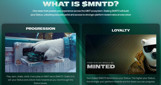 A promotional infographic titled 'WHAT IS $MNTD?' explaining the MINTD token ecosystem, featuring sections on 'PROGRESSION' showing a polar bear paw using a machine, and 'LOYALTY' showing a sunglasses-wearing polar bear with 'YOUR STATUS WOULD BE MINTED'.