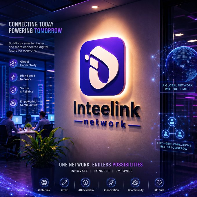 A promotional display for Interlink Network features the company's logo prominently alongside the tagline "Connecting Today, Powering Tomorrow," highlighting their mission to build a smarter, faster, and more connected digital future. The image showcases key brand values including Global Connectivity, High Speed Network, Secure & Reliable, and Empowering Communities, with hashtags #Interlink, #ITLG, and #Future reinforcing the post's call to join the movement toward a more connected world.