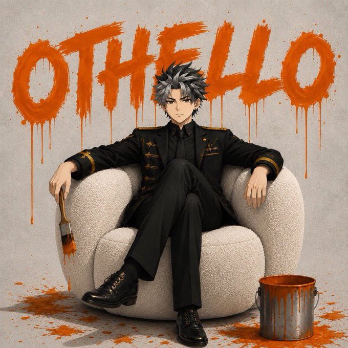 An anime-style illustration of a silver-haired character in a black suit sitting on a white chair, with 'OTHELLO' written in orange paint drip letters behind him.