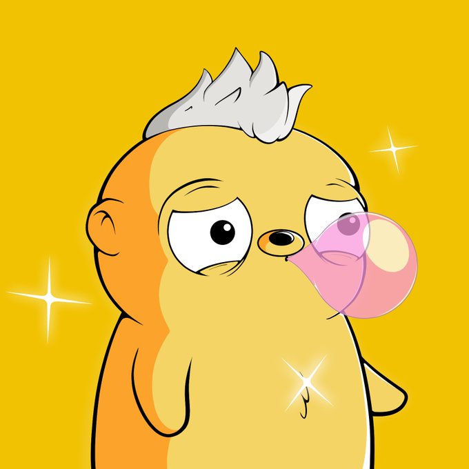 A cartoon yellow chick character with a tuft of white feathers on its head blows a pink bubblegum bubble against a yellow background with sparkles.