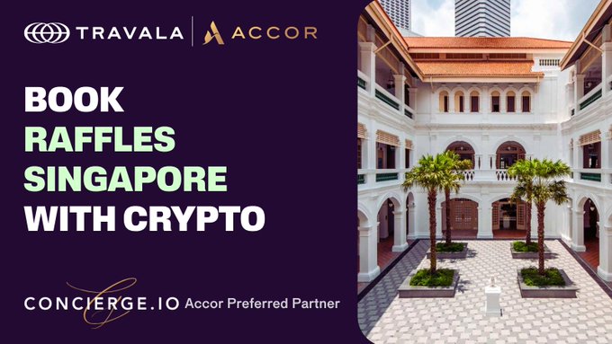 A promotional banner from Travala and Accor advertising "BOOK RAFFLES SINGAPORE WITH CRYPTO" via Concierge.io, showing the elegant interior courtyard of the Raffles hotel.