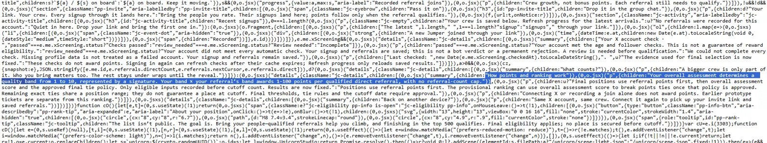 A screenshot of obfuscated JavaScript source code from the Jumper waitlist page's /api/prototype endpoint, revealing a "Jumper Early Access" campaign with a "social" phase and disabled walletConnection and legionReveal features, leaking details about Jumper's upcoming $JUMP token launch.