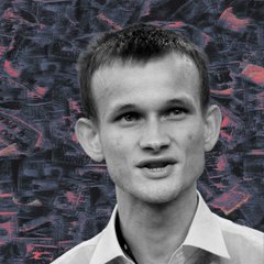 A black-and-white portrait of a young man in a collared shirt appears against a red-tinted collage backdrop of documents, visually echoing the post's "We're bringing world computer back LFG" message—likely referencing Vitalik Buterin's involvement in the Ethereum ecosystem and its vision of a decentralized global computing platform.