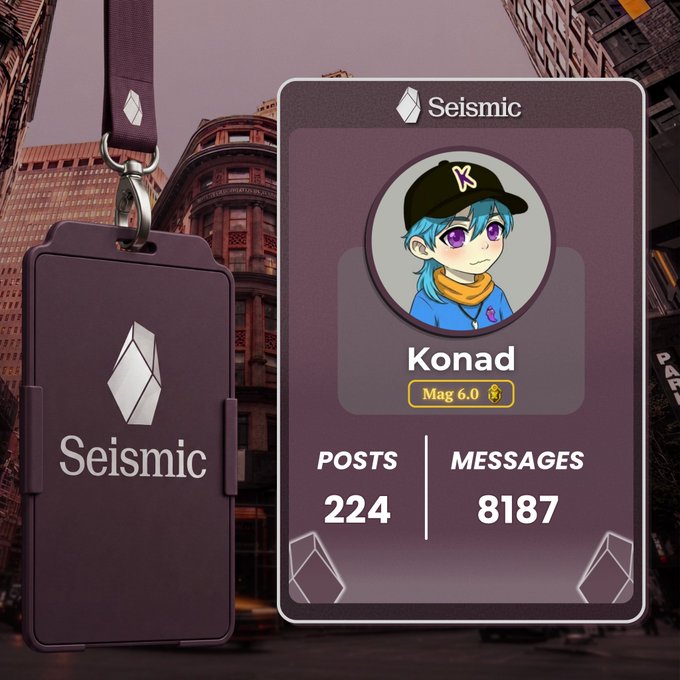 A promotional graphic for Seismic showing a digital profile card for user 'Konad' (Mag 6.0) with 224 posts and 8187 messages, displayed alongside a Seismic-branded ID badge holder hanging from a lanyard.