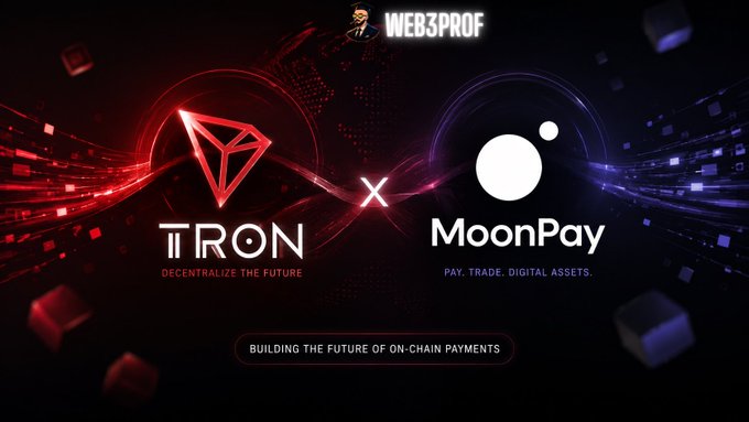 The image is a promotional graphic from Web3Prof featuring a partnership between TRON and MoonPay, with their logos displayed on a red and blue cosmic-themed background, and the tagline "BUILDING THE FUTURE OF ON-CHAIN PAYMENTS." The graphic visually ties into the post's theme by highlighting a collaboration aimed at simplifying crypto transactions—addressing the gas fee challenge that everyday users face.