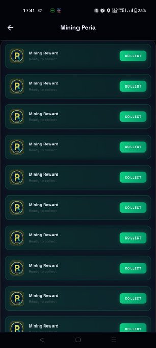 A mobile app screenshot titled 'Mining Peria' showing multiple green 'COLLECT' buttons next to 'Mining Reward' entries, each with a 'P' icon.