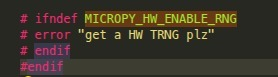 The image shows a snippet of C preprocessor code with an `#ifndef MICROPY_HW_ENABLE_RNG` directive, an error message reading `#error "get a HW TRNG plz"`, and corresponding `#else` and `#endif` tags. The code is directly referenced in the post's claim about being "in this entire mess," likely because the request for a hardware TRNG (True Random Number Generator) highlights a dependency issue or hardware requirement that caused the problem.