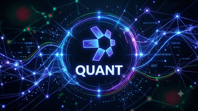 A futuristic blue and purple digital graphic showcases the 'QUANT' logo surrounded by a glowing network of connected nodes and lines, with 'QUANT NETWORK' and 'QNT' text labels.