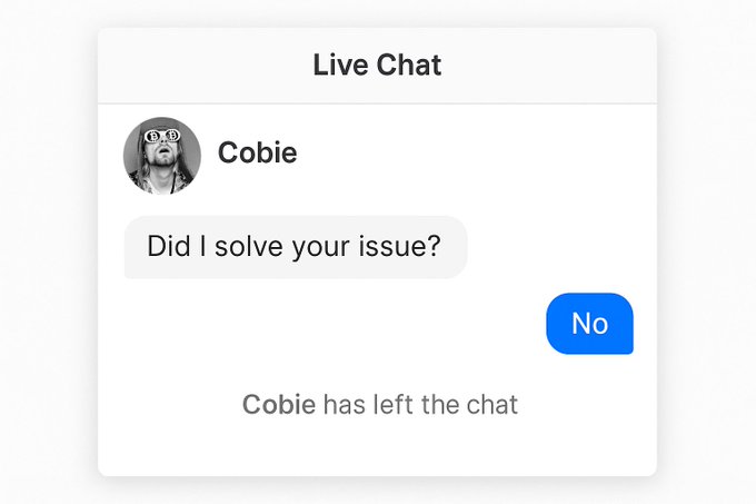 A 'Live Chat' widget from a meme account called Cobie (featuring a photo of Roger Ver in sunglasses) asking "Did I solve your issue?", with a user responding "No" and the message "Cobie has left the chat."