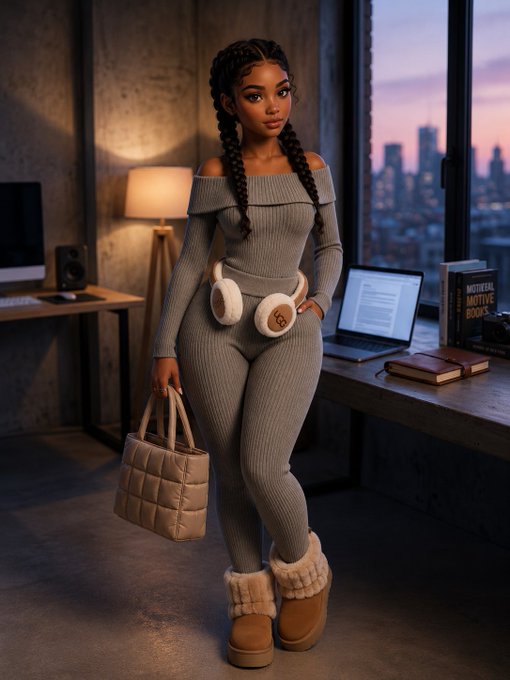 A 3D-rendered image of a young woman with braided hair wearing a gray off-shoulder matching set with earmuffs, holding a beige handbag in a modern apartment with a city skyline view.
