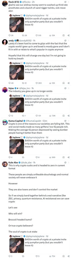 A screenshot of Twitter/X replies from crypto commentators (flock, andy, fejau, Kuma Capital, and Kale Abe) sharing frustrations about crypto's deteriorating state, with each thread repeatedly quoting the same "$400m worth of crypto at a private invite only pumpkin party (but you wouldn't know it)" tweet, reinforcing the post's sarcastic complaint about pump's lack of meaningful action for traders.