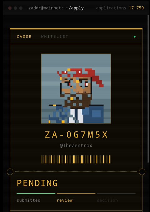 A terminal-style interface showing a pixel art pirate, the name "ZA-OG7M5X", the handle "@TheZentrox", and a "PENDING" status with progress bars.