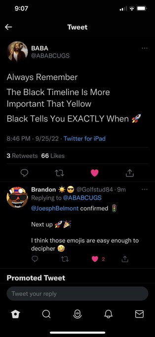 A screenshot of a Twitter thread dated 9/25/22 from user BABA (@ABABCUGS) reading: 'Always Remember The Black Timeline Is More Important That Yellow Black Tells You EXACTLY When 🚀', with a reply from Brandon (@Golfstud84) mentioning '@JoosphBelmont confirmed' and 'Next up 🚀🚀'.