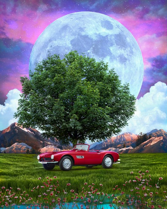 A vintage red convertible is parked beneath a lush tree in a grassy field, set against a surreal backdrop of mountains, a massive full moon, and a vibrant pink and purple starry sky—mirroring the post's theme that "pain changes the way ordinary things look," transforming a simple car into a symbol of life.