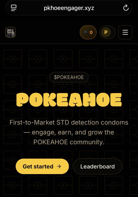 A website landing page for '$POKEAHOE' advertising 'First-to-Market STD detection condoms' with buttons to 'Get started' and view the 'Leaderboard'.