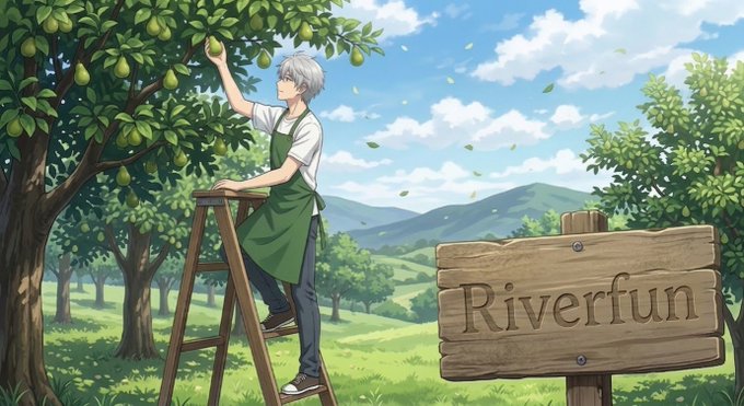 An anime-style illustration of a silver-haired person in an apron picking fruit from a tree on a ladder, next to a wooden sign labeled 'Riverfun'.