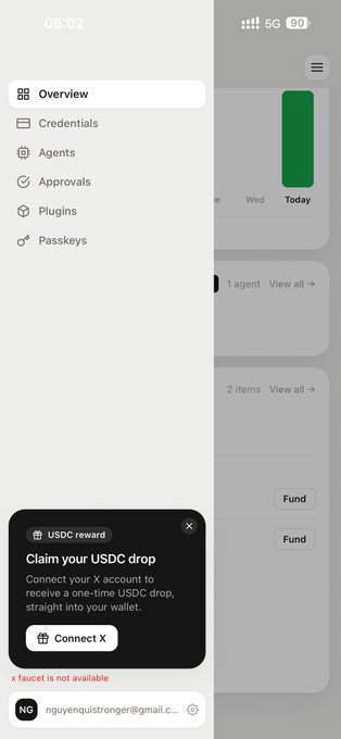 A mobile app screenshot showing a menu with options like Overview, Credentials, Agents, Approvals, Plugins, and Passkeys, with a popup offering 'USDC reward: Claim your USDC drop' and the account 'nguyenquistronger@gmail.com'.
