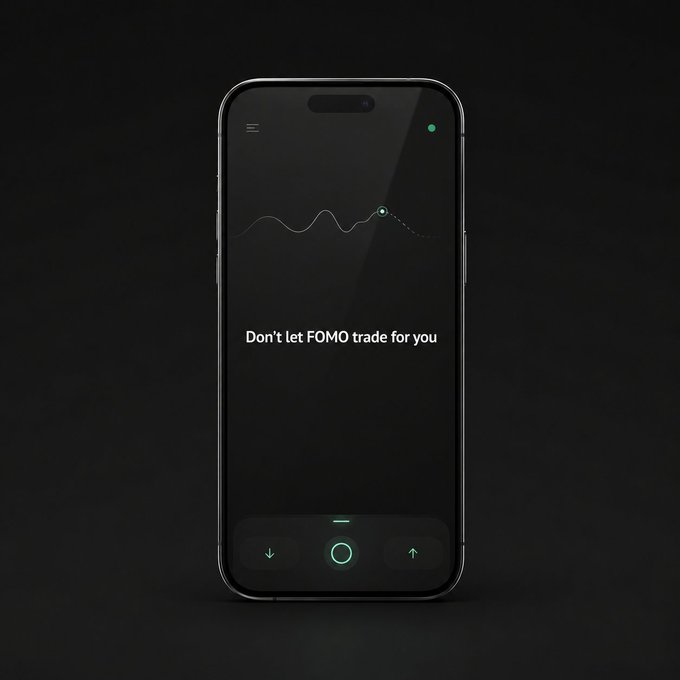 A smartphone mockup on a dark background displays a minimal app interface featuring a line graph and the text "Don't let FOMO trade for you," visually reinforcing the post's message about avoiding fear-of-missing-out driven trading decisions. The minimalist design with a downward arrow and central button suggests a trading app encouraging mindful, deliberate actions rather than impulsive ones.