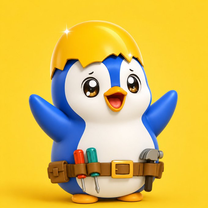 A 3D-rendered cartoon penguin character wearing a yellow construction hat and a brown tool belt holding screwdrivers and a hammer, set against a yellow background.