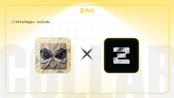 The image displays a strategic collaboration announcement between ZAX and KaijuFold, featuring their respective logos (a geometric ape face and the number "2") separated by an "X" symbol, with the text "//strategic collab." and "ZAX" displayed on a yellow grid background.