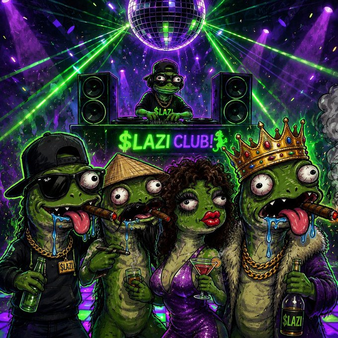 A colorful, chaotic illustration featuring cartoon Pepe the Frog characters at a nightclub. The scene includes a DJ Pepe at a booth with speakers, disco ball lights, and text reading '$LAZI CLUB!'. Several frogs wear gold chains and hold '$LAZI' branded bottles.