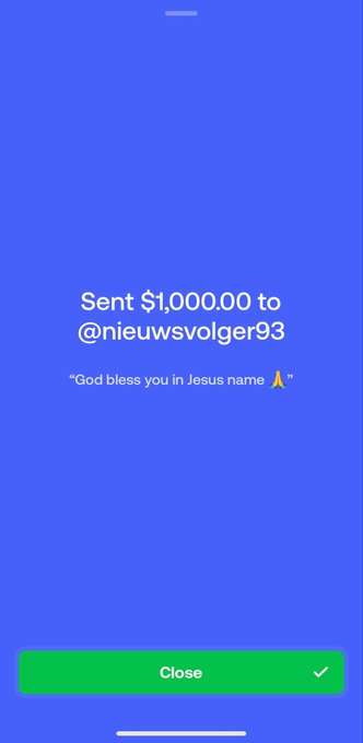 A cash app presents a confirmation screen showing a $1,000.00 transfer sent to @nieuwsvolger93 with the message "God bless you in Jesus name," aligning with the post celebrating the 1K sent to "the trenches."