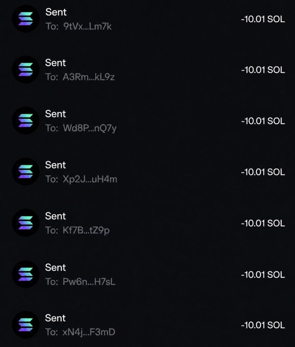 A list of completed Solana transactions showing 7 sent payments of -10.01 SOL each to various recipients with truncated wallet addresses, documenting the distribution of crypto airdrops as part of the promised giveaway.