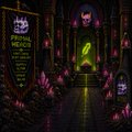 A pixel art rendering of a green-lit, gothic-style corridor with arched doorways, skulls, and skulls lining the walls.