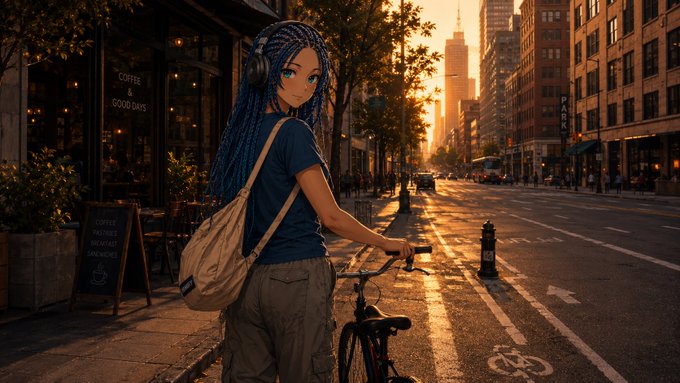 An anime-style illustration of a girl with blue braids wearing headphones and a backpack, standing with a bicycle on a sunlit city street near a coffee shop.