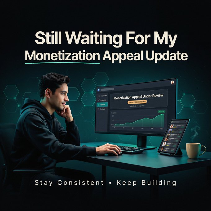 A motivational graphic with the text "Still Waiting For My Monetization Appeal Update" and "Stay Consistent • Keep Building," showing a young man at a computer with a "Monetization Appeal Under Review" notification on screen.