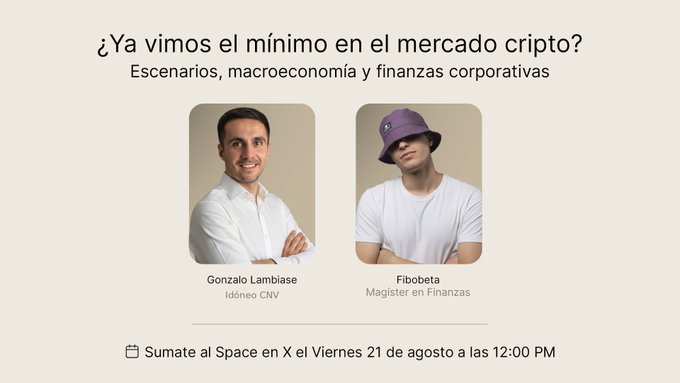 A promotional graphic for a Twitter/X Space event titled '¿Ya vimos el mínimo en el mercado cripto? Escenarios, macroeconomía y finanzas corporativas' featuring hosts Gonzalo Lambiase (Ióneo CNV) and Filobober (Magister en Finanzas), scheduled for Friday, August 21 at 12:00 PM.