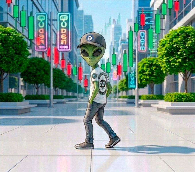 An alien character wearing a "Martian" cap and a t-shirt with a planet logo stands confidently in a futuristic city, surrounded by floating green and red candlestick chart bars and neon signs. The image visually reinforces the post's message, framing $MARTIAN as a long-term Solana project standing apart from the volatile, panic-driven nature of typical meme coin launches—the extraterrestrial presence symbolizes establishing a permanent base rather than a quick extraction.