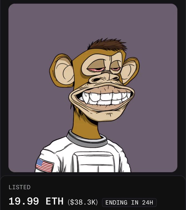 A cartoon monkey wearing an astronaut suit listed on an NFT marketplace for 19.99 ETH ($38.3K) ending in 24H.