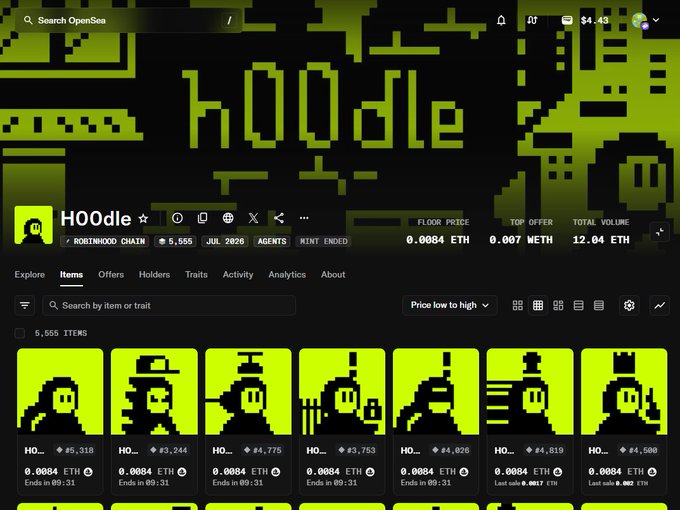 An OpenSea NFT collection page displaying 'HOOdle' with 5,555 items, a floor price of 0.0084 ETH, top offer of 0.007 ETH, and a grid of pixelated pixel-art NFT thumbnails.
