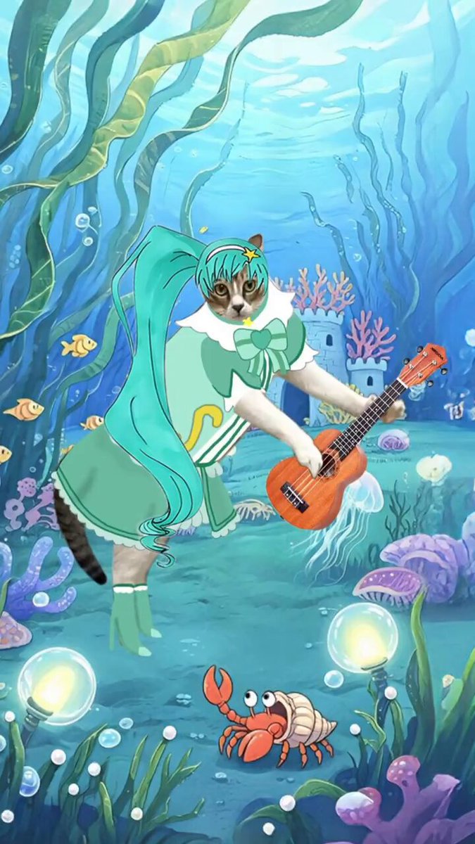 The image features a cat dressed up as a mermaid, playing an ukulele underwater surrounded by various sea creatures such as fish and seaweed. The cat's outfit includes a green dress that resembles a mermaid tail, and she is holding a guitar in her paws while standing on the ocean floor.