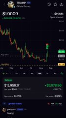 The image shows a TradingView chart for TRUMP/USDT on Binance, displaying a price of $19.909 with a recent sharp downtrend, alongside a Gainers list showing "political_thump" at $0.07898 with a +58.78% gain. This contrasts with the user's enthusiastic "pump my bags" sentiment, highlighting the irony that TRUMP/USDT has actually dropped significantly while another political meme token is pumping.