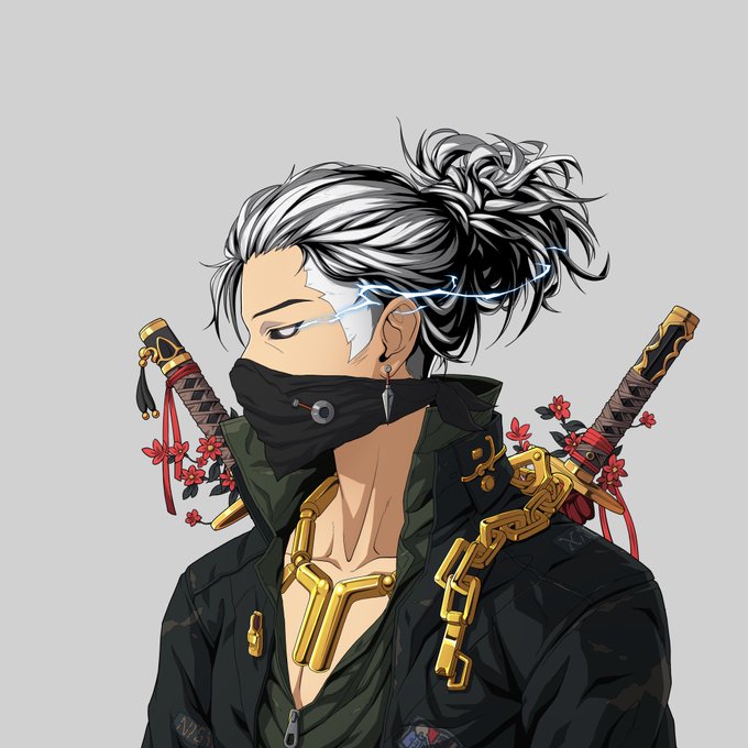 An anime-style illustration of a character with silver hair tied in a bun, wearing a black mask and dark clothing with gold accents and swords on their back.