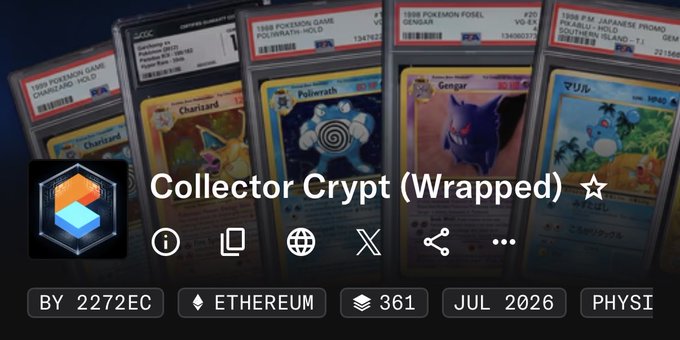 A screenshot from a digital marketplace showing a profile for 'Collector Crypt (Wrapped)' on the Ethereum network, with a logo and background image displaying several graded Pokémon cards, including Charizard, Poliwrath, and Gengar.