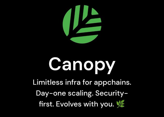 A black screen features a green leaf logo and white text introducing 'Canopy: Limitless infra for appchains. Day-one scaling. Security-first. Evolves with you.'