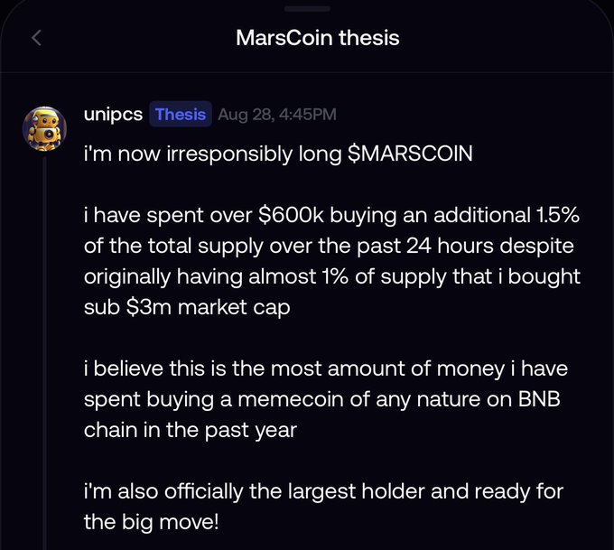 Discord/Telegram post from 'unipcs' in the 'MarsCoin thesis' channel dated Aug 28, 4:45PM, declaring they are 'irresponsibly long $MARSCOIN' having spent over $600k buying 1.5% of total supply, claiming to be the largest holder.