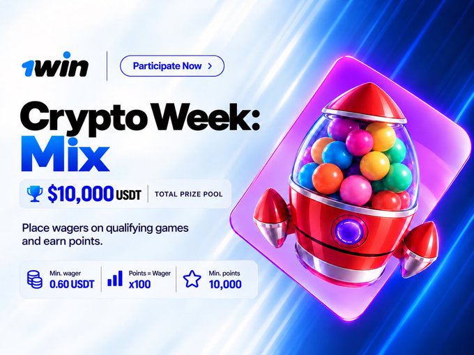 A promotional graphic for 1win's Crypto Week Mix tournament, featuring a red rocket ship filled with colorful balls, advertising a $10,000 USDT total prize pool with a 0.60 USDT minimum wager, 100x points per wager, and a 10,000 minimum points threshold to qualify. The image visually reinforces the post's details about the crypto-based gaming tournament with its "Participate Now" call-to-action button.