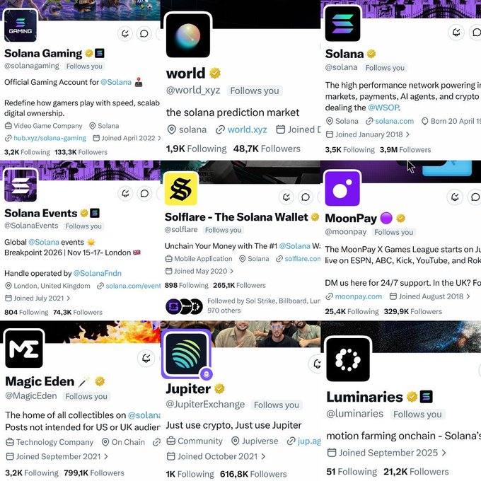 The image displays a grid of nine Solana-related Twitter/X profiles, including Solana Gaming, World, Solana, Solana Events, Solflare, MoonPay, Magic Eden, Jupiter, and Luminaries, showcasing their logos, usernames, follower counts (e.g., 799.1K for Magic Eden, 616.8K for Jupiter, 329.9K for MoonPay), and brief descriptions. The "SOLANA MOTION" caption ties into the central theme of the collage, highlighting key accounts driving activity within the Solana ecosystem.
