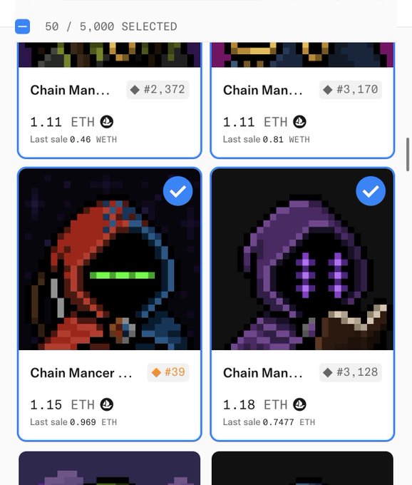 A screenshot of an NFT marketplace showing selected 'Chain Man' pixel-art collectibles priced in ETH, with two items (#39 and #3,128) marked as selected, priced at 1.15 ETH and 1.18 ETH respectively.