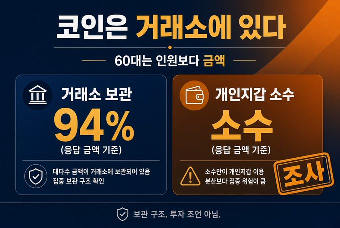Korean promotional graphic titled '코인은 거래소에 있다 — 60대는 인원보다 금액' comparing a 94% exchange custody rate (daeddosun amount basis) versus a '소수' (minority) statistic for personal wallet holdings, stamped '조사' (investigation).