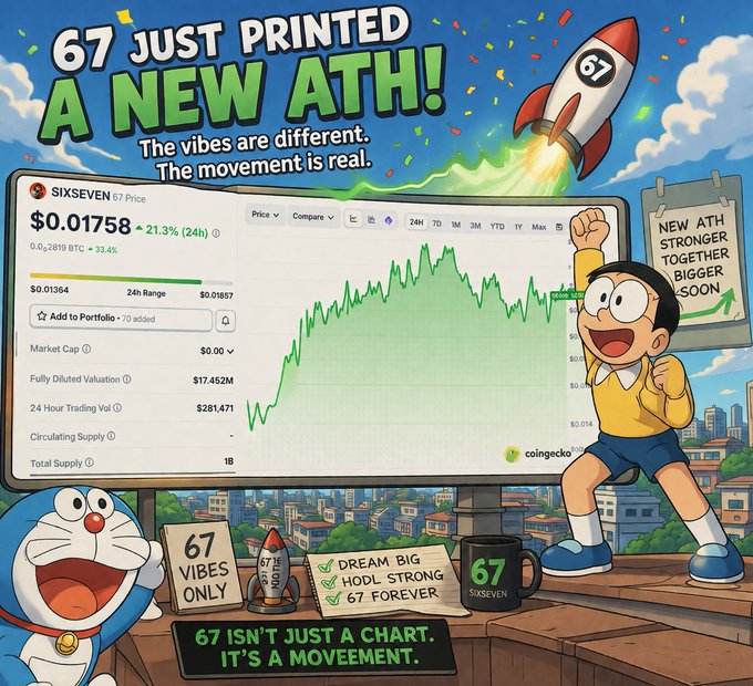 A celebratory meme-style graphic declaring '67 JUST PRINTED A NEW ATH!' featuring SixSeven coin price chart at $0.01758, a cartoon rocket, and characters including Doraemon, with slogans like '67 VIBES ONLY' and '67 ISN'T JUST A CHART, IT'S A MOVEMENT.'