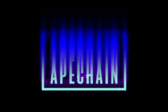A stylized neon graphic featuring the word "APECHAIN" enclosed in a glowing rectangular frame, with vertical light bars above resembling an audio visualizer in blue and purple hues. The motion-inspired design with its waveform-like bars reinforces the post's "Built for motion" message, visually tying the $APE token to energy, rhythm, and forward momentum.